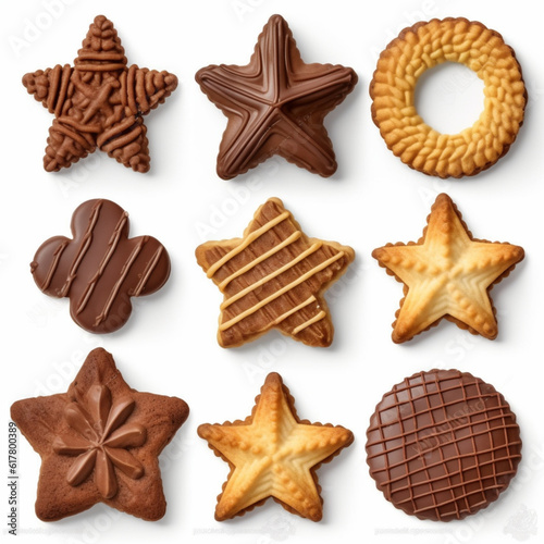 Fondo con detalle y textura de varias galletas con formas geometricas, como estrellas, diferentes tonos apetitosos, sobre fondo blanco photo