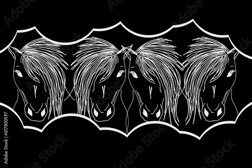 Design of Invitation Card for Halloween party with Horsemen of the Apocalypse and copy space. Concept with Devil Horses for Holiday big horizontal banner. Vector Art.