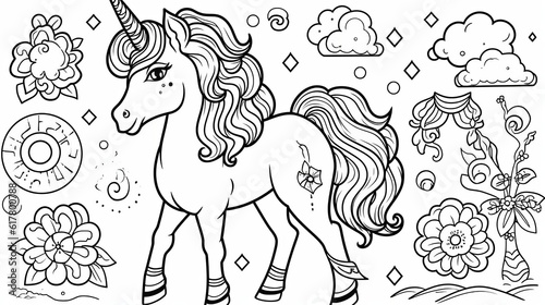 Children's coloring with a unicorn, black and white graphics with a curly pattern. The development of motor skills of children with drawings. Generative AI 