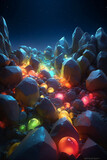 A rainbow of colorful rocks in front of a blue sky. AI generative