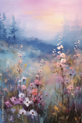 A serene twilight meadow filled with delicate flowers. AI generative