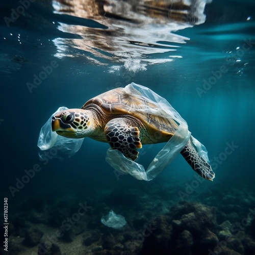 sea turtle swimming in water trap by plastic