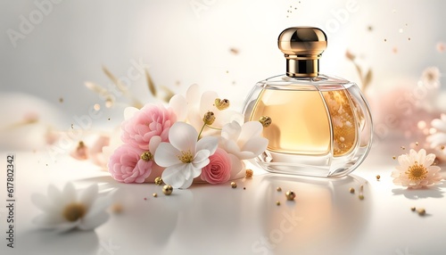 Luxurious perfume bottle with flowers.