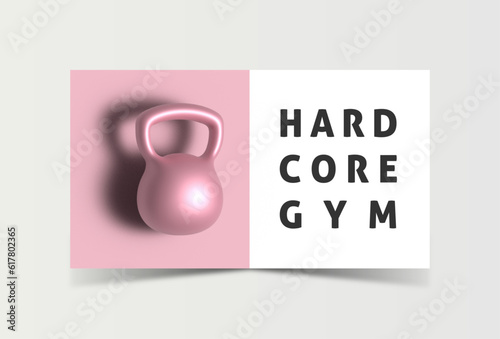 Banner with barbells dumbbells fitness realistic three-dimensional composition on pink background