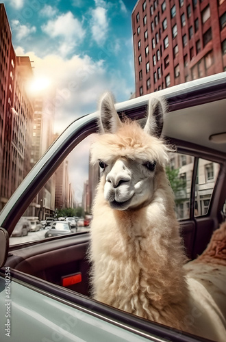 Alpaca Lama in a Car - generative ai