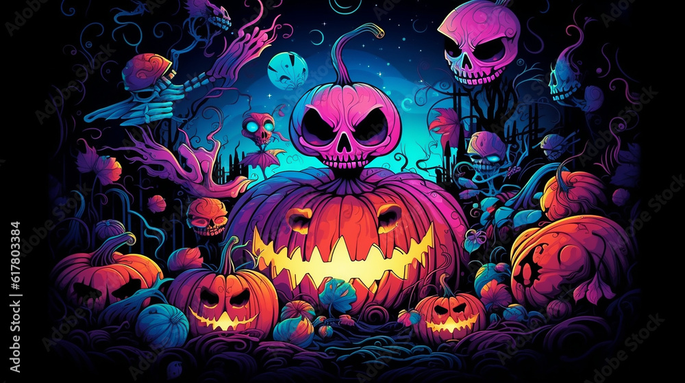 a neon jack-o-lantern, black background, Halloween