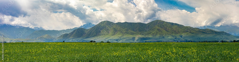 Panorama of the mountains of Kyrgyzstan and Ala Archa National Park.