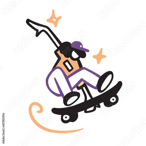 A skater in a cap and with curly hair jumps with a skateboard and holds it in one hand. Street urban sport, youth culture. Vector simple outline style.