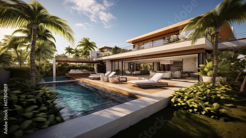 modern villa with open plan living and private bedroom wing with small terrace for relaxation, Generative AI. © Onchira