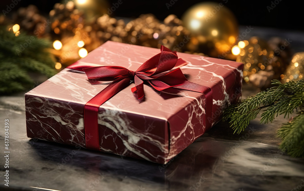 Red Wrapped Christmas gift on a marble surface surrounded with decorations created with Generative AI technology Red Wrapped Christmas gift on a marble surface surrounded with decorations created with Generative AI technology