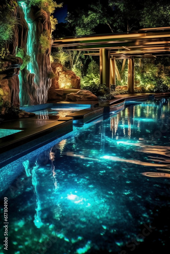 Huge swimming pool with lights and a waterfall  in the style of light emerald and dark brown  nature inspired  manapunk  marbleized  rounded  aluminum  traumacore. AI generative