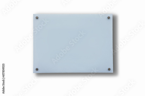 Blank nameplate on spacer metal holders isolated on white background. Clear printing board for branding.