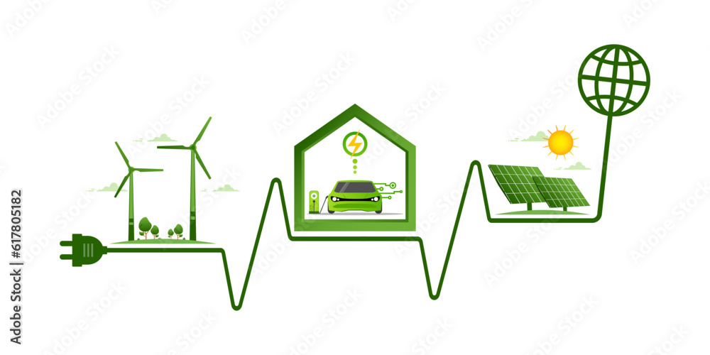 Environmental care and use clean green energy from renewable sources and low carbon concept, Modern eco house with Electric car charging system, Windmills farm or Wind power and Solar energy panels.