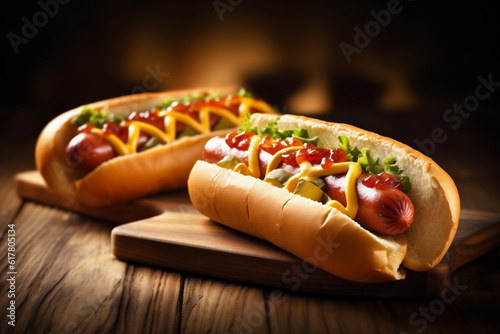 dog fast fat american meat food sausage hot background bread sauce. Generative AI.