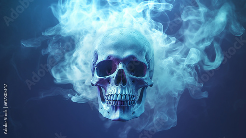 surreal, creepy skull and smoke, blue lighting