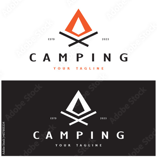 vintage and retro tent logo, camping. With tent, tree and bonfire sign. adventurers, scouts, climbers, camping equipment center