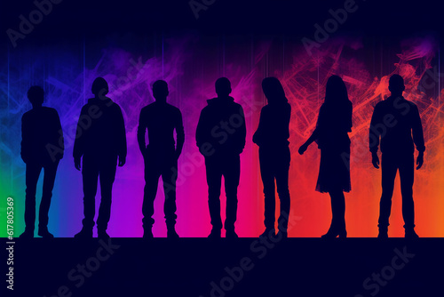 Human silhouettes neon colors purple, orange, blue on dark fiolet background. AI generative