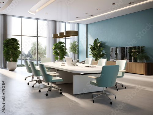 Stylish, ergonomic office with scenic views. Open-plan design fosters collaboration. Well-equipped meeting spaces for productive discussions. Comfortable and modern ambiance