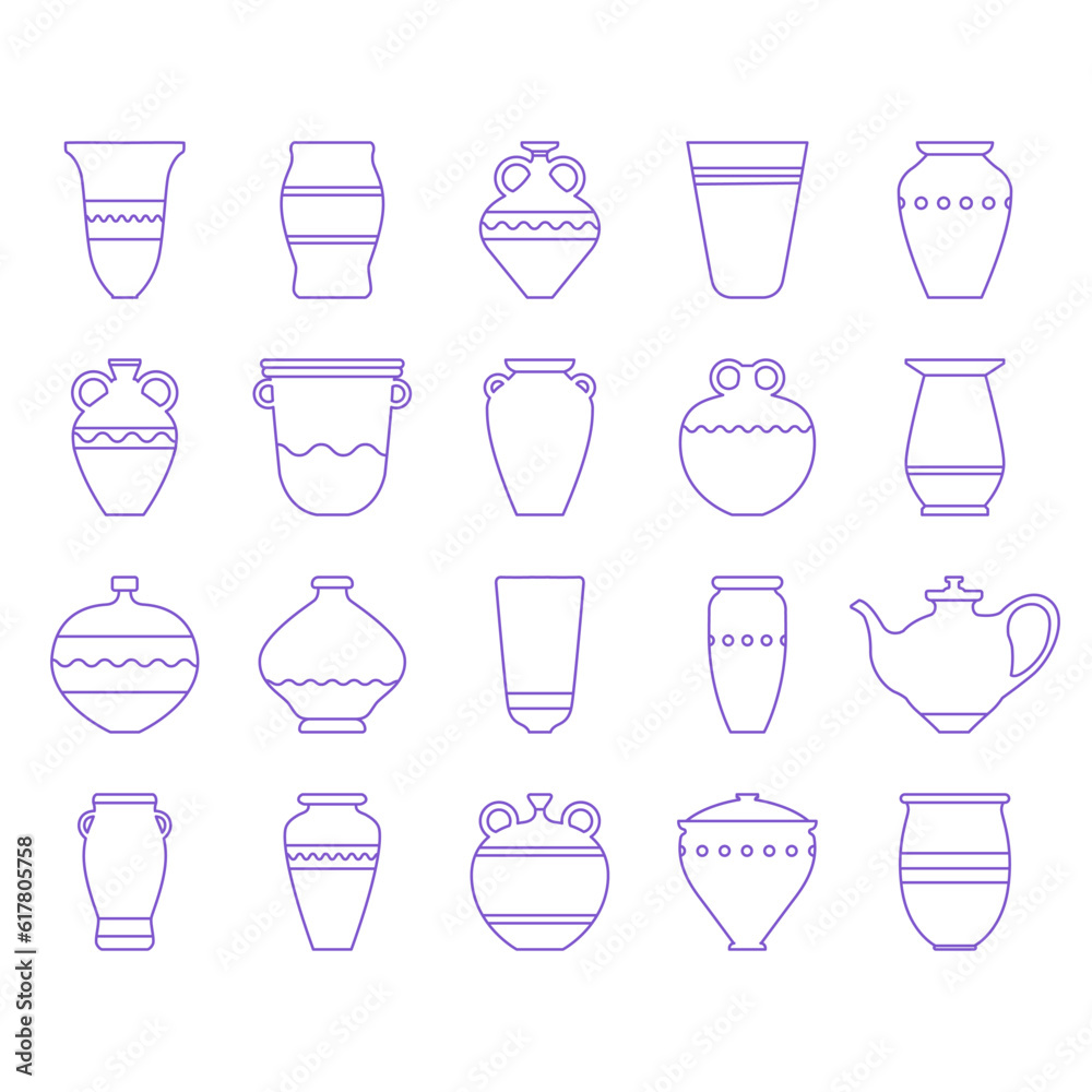 Vector image of ceramic vase with decor. Set of icons with bowl. Boho ceramic vases in trendy minimalist liner style. Vector pottery icons for logo, postcard, posters, posts and stories