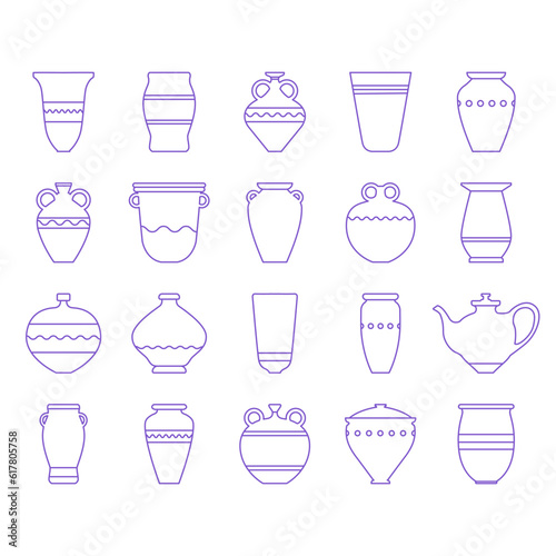 Vector image of ceramic vase with decor. Set of icons with bowl. Boho ceramic vases in trendy minimalist liner style. Vector pottery icons for logo, postcard, posters, posts and stories