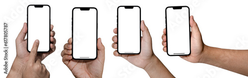 Hand holding, New version of black slim smartphone similar to iphone 16 with blank white screen from Apple generation 14, Front mockup model similar to iPhone 16, Background of digital economy.