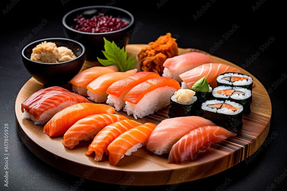 set japanese roll meal rice sushi fish seafood food japan. Generative AI. set japanese roll meal rice sushi fish seafood food japan. Generative AI.
