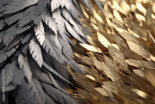 Gorgeous golden light illuminates an arrangement of elegant metal gold and silver feathers, creating a scene of exquisite beauty and sophistication. Generative AI. © Surachetsh