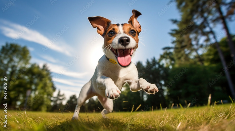 A playful Jack Russell Terrier catching a flying toy in mid-air, its eyes focused and tail wagging with anticipation Generative AI