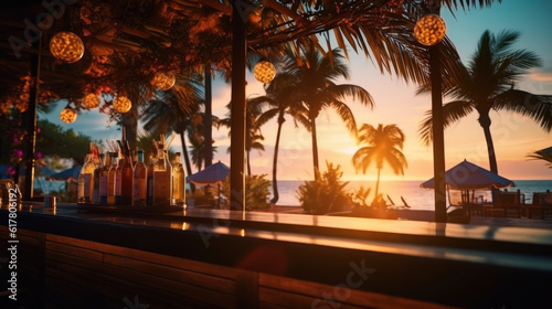 Bar on the beach at sunset, party, view from the bar to the beach and Palms. Cozy atmosphere, mocap © masyastadnikova