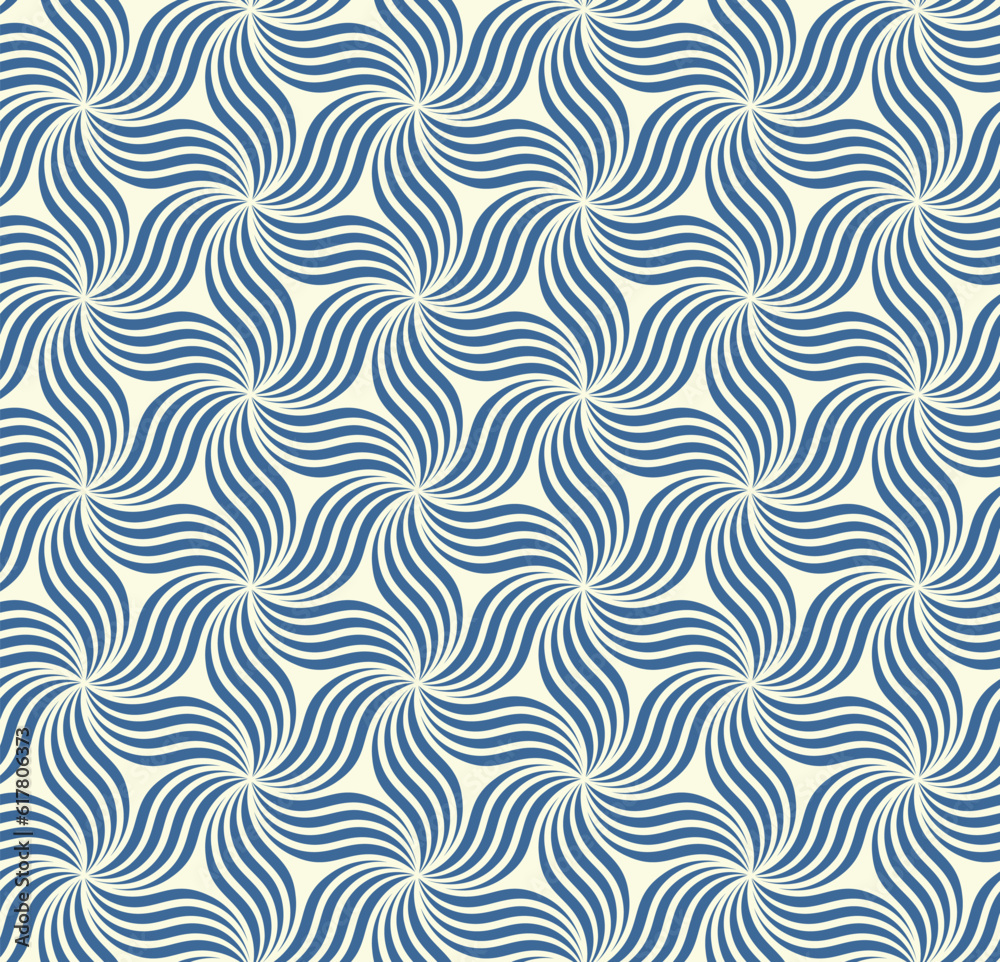Abstract geometric composition with blue striped waves on a white background. Seamless repeating pattern. Wavy lines vortex. Textile graphic texture. Stylish modern design. Vector image.