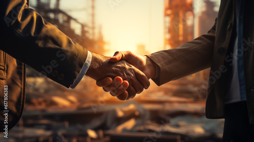 Shot hands of businessman meeting in a firm shake. Construction contractor join hands in success and good contracts, teamwork and collaboration. Generative AI