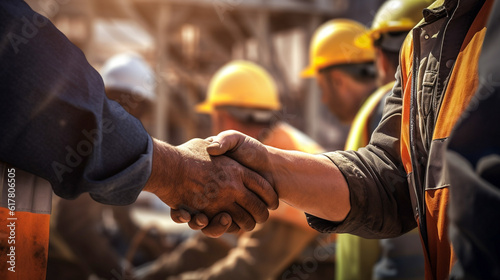 Shot hands of businessman meeting in a firm shake. Construction contractor join hands in success and good contracts, teamwork and collaboration. Generative AI