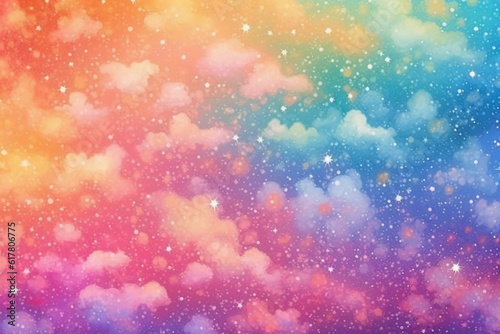 Magical rainbow sky, sparkles, pastel rainbow colors, holographic. AI generative