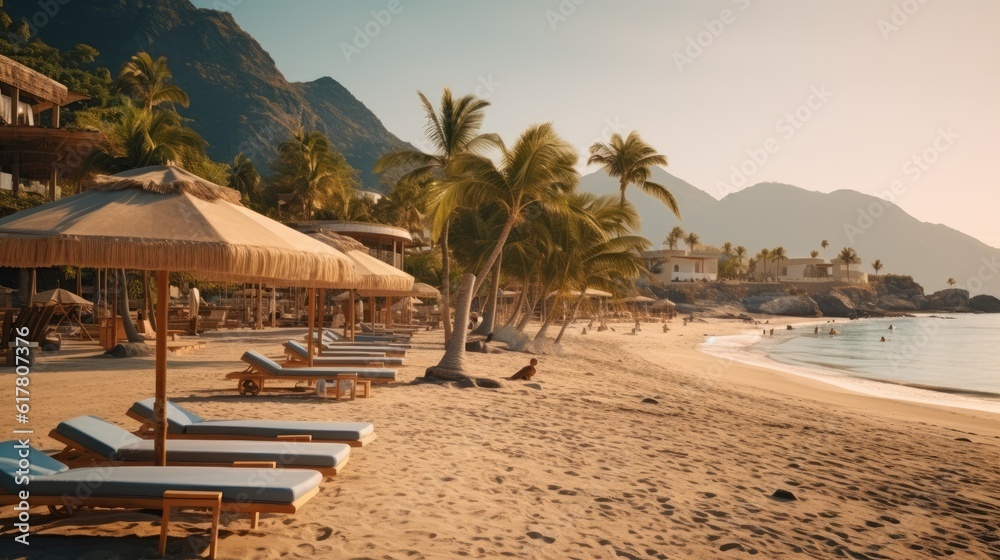 Oceanfront beach in a beautiful bay surrounded by rocks with sun loungers and umbrellas at sunset, wide angle Oceanfront beach in a beautiful bay surrounded by rocks with sun loungers and umbrellas at sunset, wide angle
