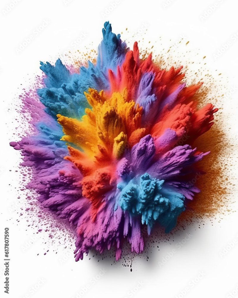 abstract colorful powder explosion on a white background created with Generative AI technology