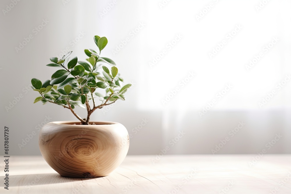 Modern Interior Design Concept with White Wall Background. Tabletop for your product with Tree Pot and Beautiful Plants as Decoration in Room