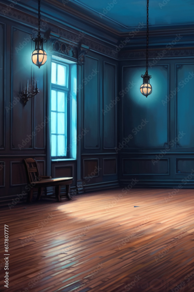 Oil painting of an empty oak paneled room with a single blue lightbulb. AI generative Oil painting of an empty oak paneled room with a single blue lightbulb. AI generative