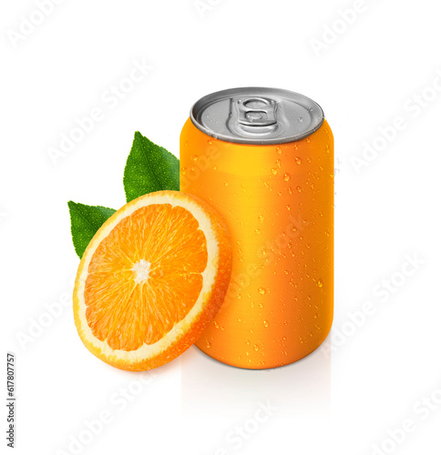 Aluminum orange soda can with fruits, transparent background