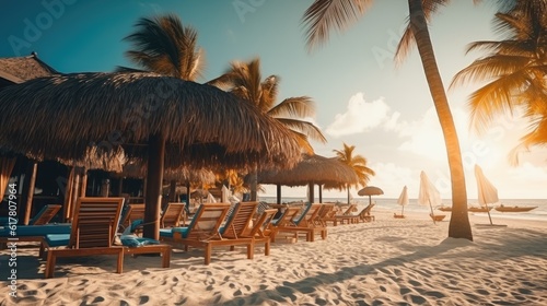 Oceanfront beach in a beautiful bay surrounded by rocks with sun loungers and umbrellas at sunset, wide angle