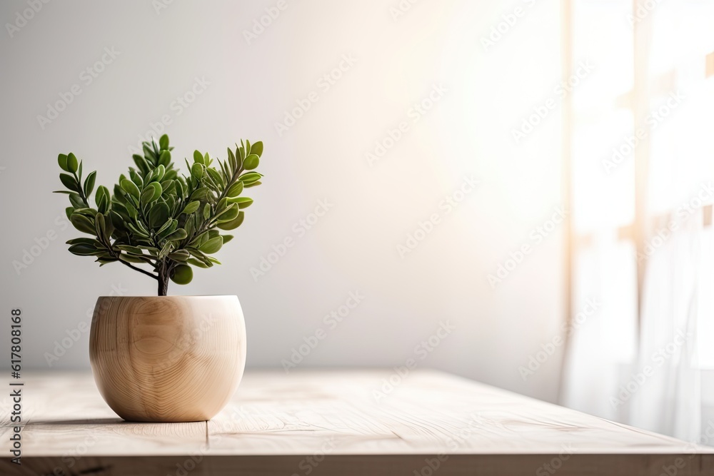 Modern Interior Design Concept with White Wall Background. Tabletop for your product with Tree Pot and Beautiful Plants as Decoration in Room