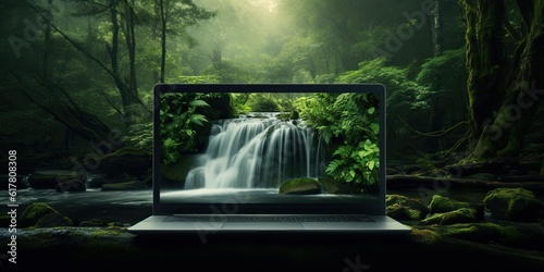 Laptop spewing out a waterfall, turning into a lush, green forest at the base , concept of Technological transformation, created with Generative AI technology