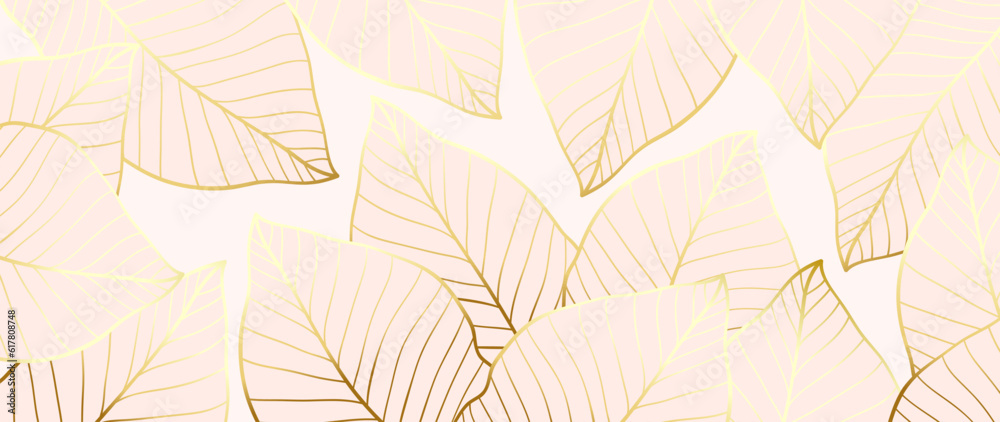 Golden leaves, botanical modern art deco wallpaper, background. Line art background design for interior design with gold in rose color, for trendy textile patterns, textures, baner, fabric, packaging.