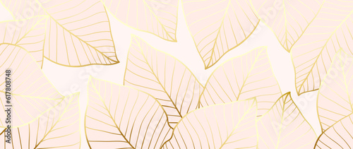 Golden leaves, botanical modern art deco wallpaper, background. Line art background design for interior design with gold in rose color, for trendy textile patterns, textures, baner, fabric, packaging.