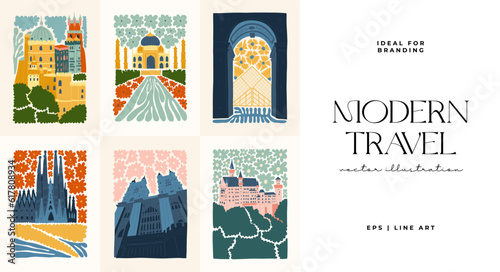 Floral and travel abstract elements. Botanical composition. Modern trendy Matisse minimal style. Floral poster, landmark. Vector arrangements for greeting card or invitation design