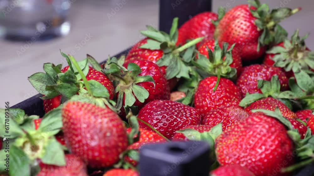 A Man's Hand Picks Strawberries From A Plastic Box On The Kitchen Table. 4k. 60 FPS. ProRes.