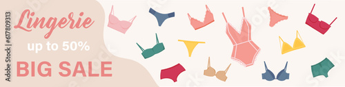 Lingerie horizontal banners. Web header template. Lingerie sale poster, banner, template for promotion with bikni, bra, bralet, brief. Vector illustration.