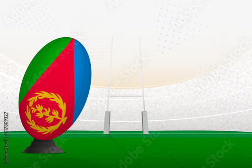Eritrea national team rugby ball on rugby stadium and goal posts  preparing for a penalty or free kick.