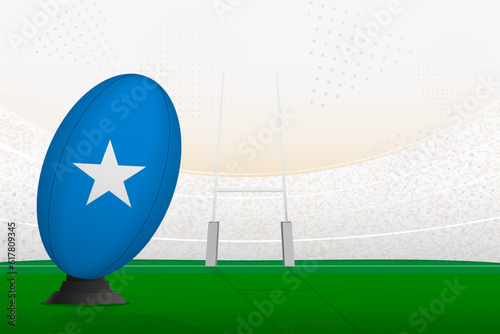 Somalia national team rugby ball on rugby stadium and goal posts, preparing for a penalty or free kick.