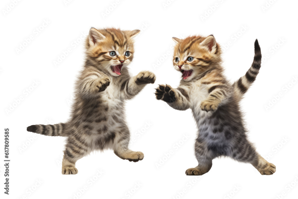 Two kittens playing and fighting isolated on a transparent background