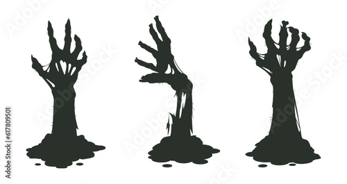 Spooky monsters scrawny hands. Cartoon bony zombie arms, Halloween creepy hands silhouettes sticking out of ground flat cartoon vector illustration set